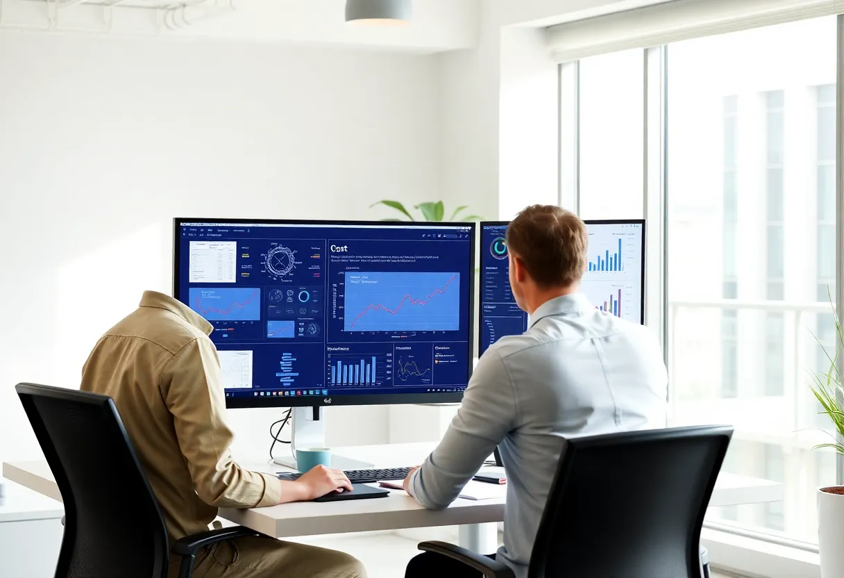 Person at desk comparing automation tools and cost notes on two monitors