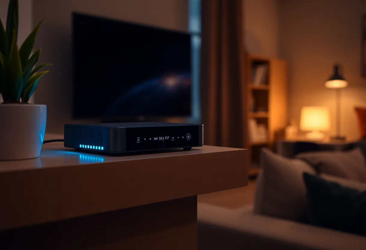 Home automation hub with status LEDs on a shelf in a cozy room