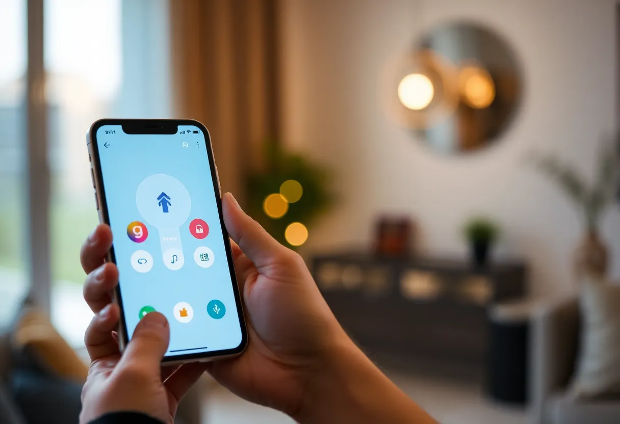 Person using a smartphone home app to control interior lighting