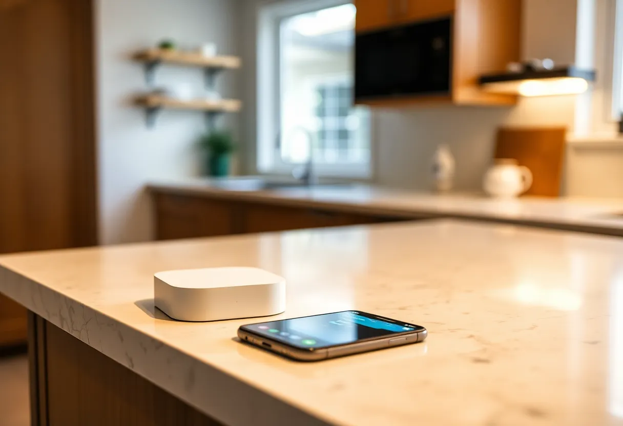 Consumer smart home hub packaging and phone app on a kitchen counter