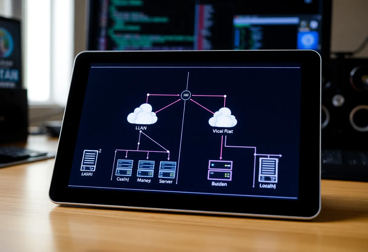 Tablet showing home network topology, illustrating VLAN and local server setups