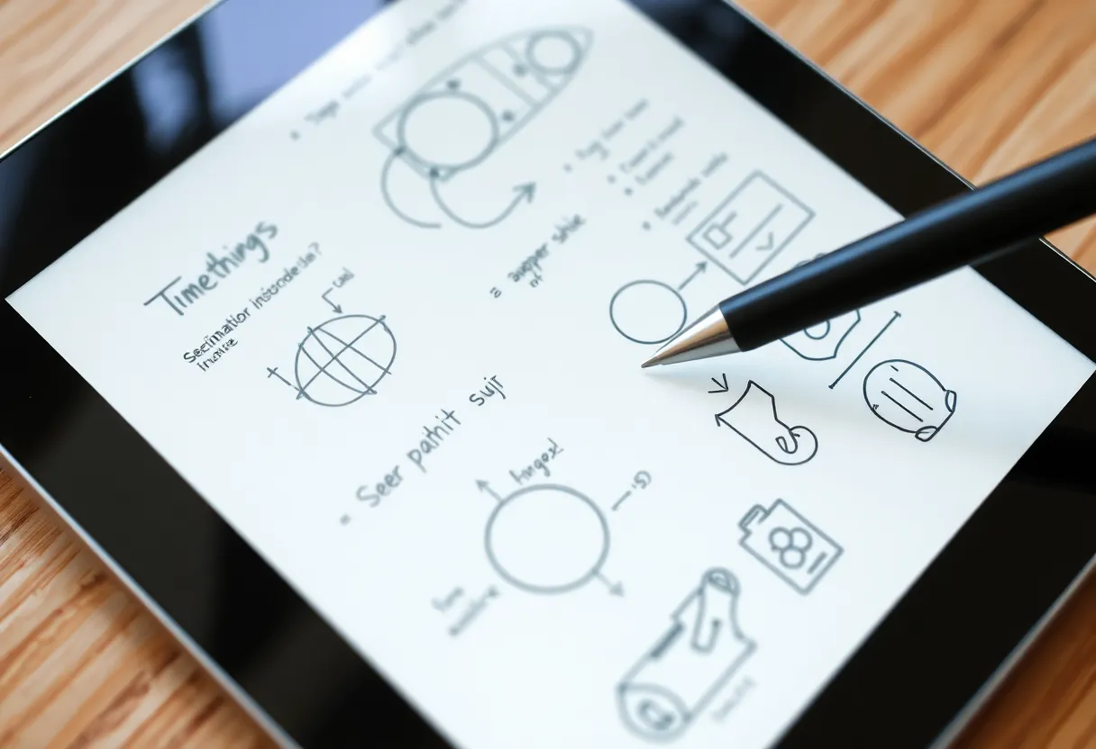 Close-up of e-ink tablet with handwritten notes and stylus