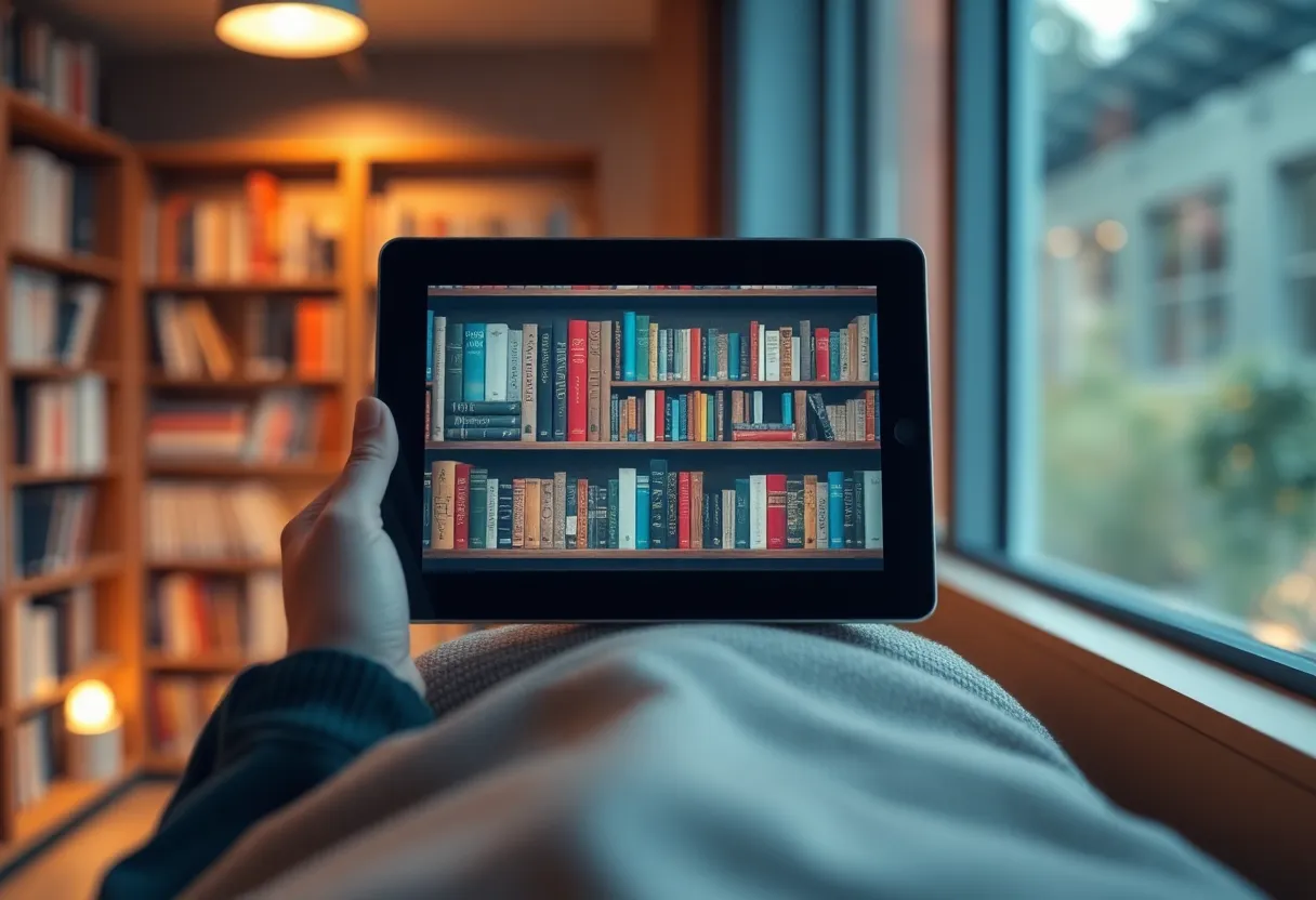 E-reader suggesting a digital library in a cozy reading setting