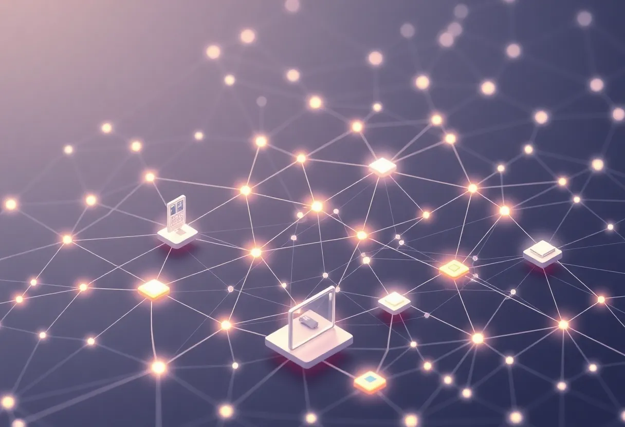 Isometric illustration of a Thread mesh linking smart home devices