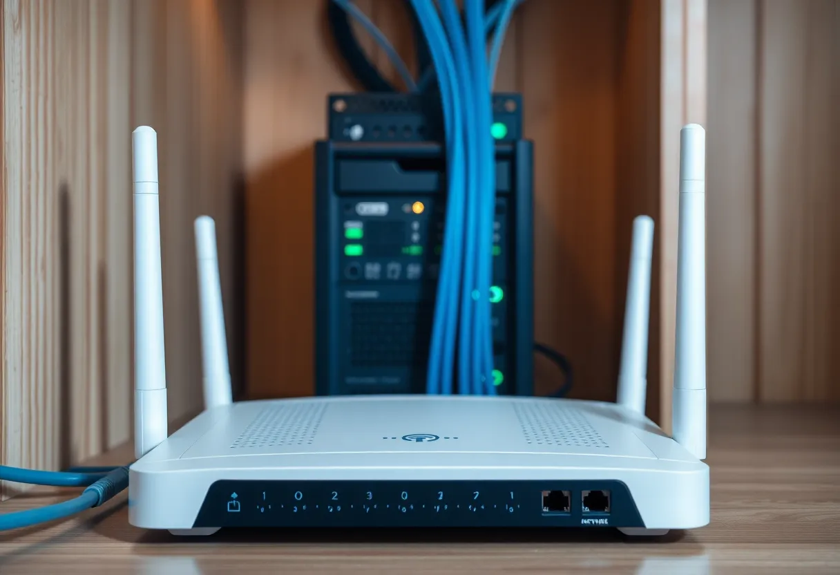 Home network rack with router and cables, emphasizing stable Ethernet backhaul