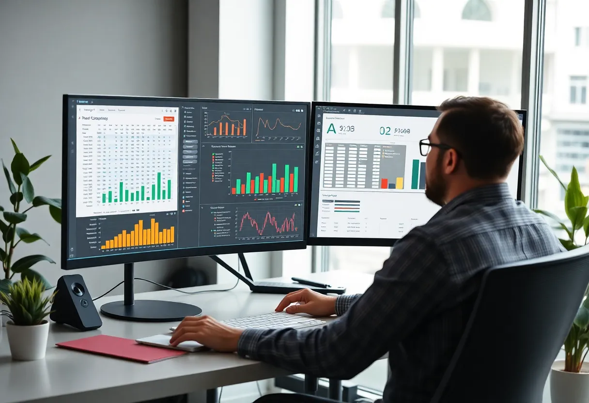 Developer comparing workflow data on monitors