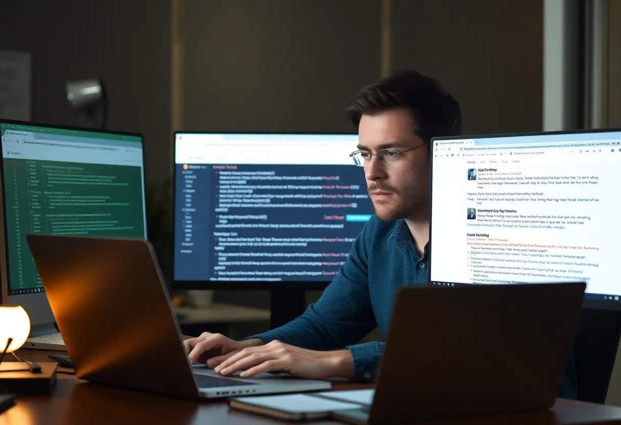 Developer reviewing automation logs and error alerts on a laptop in a dim office