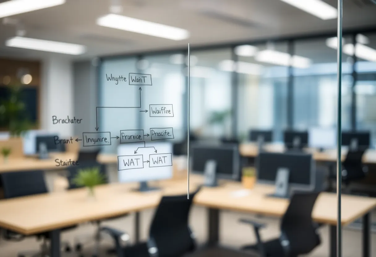 Flowchart on a glass whiteboard illustrating branching logic and wait states