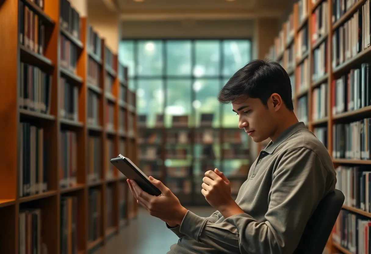 Reader using an e-ink style device in a calm, focused setting