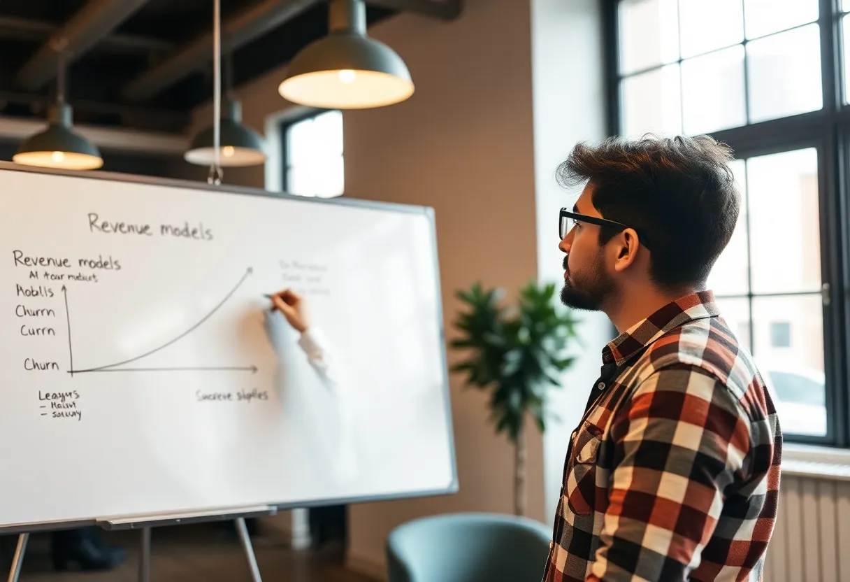 Indie founder sketching revenue models and churn curves on a whiteboard in a coworking space