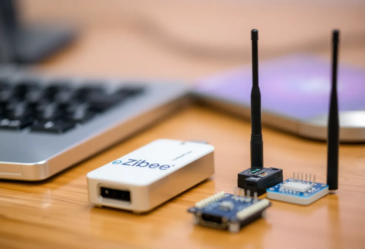 Zigbee USB coordinator with small wireless sensors on a desk, shallow depth of field
