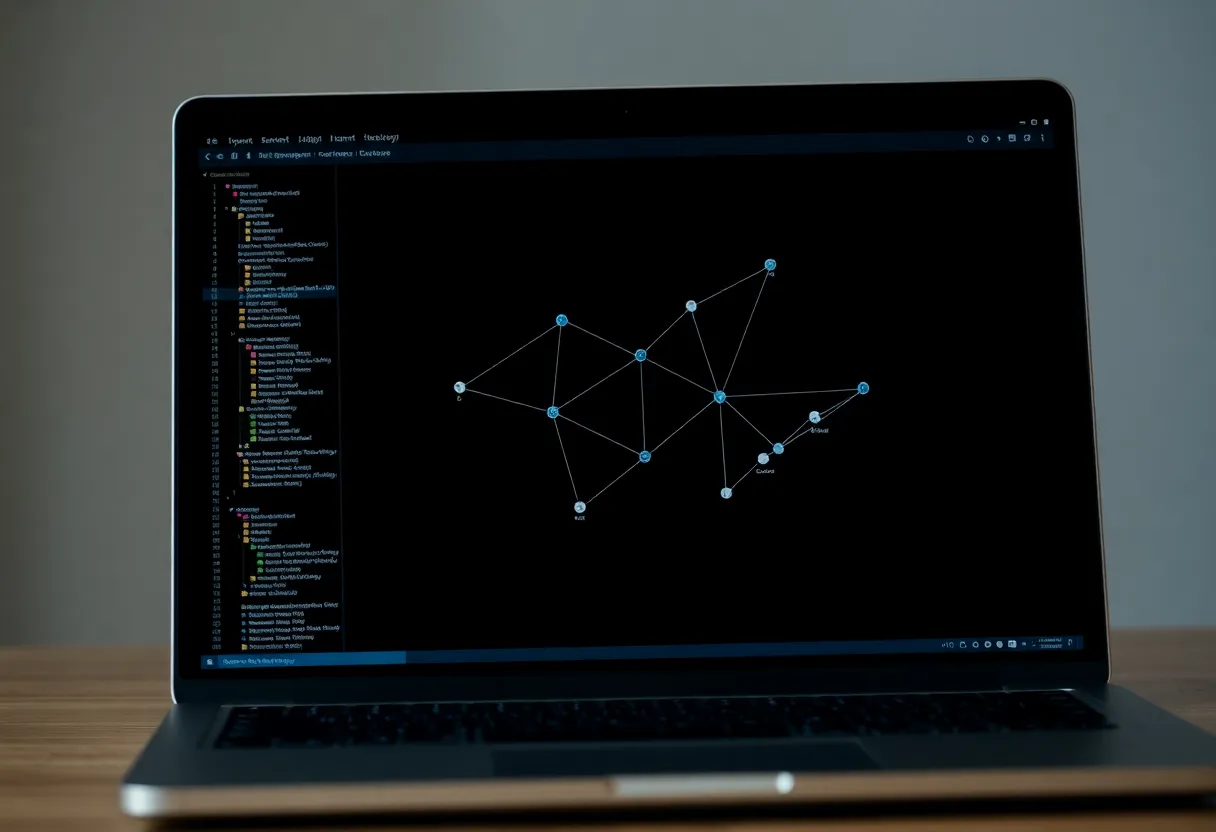 Laptop showing a dark-themed network topology map with interconnected nodes