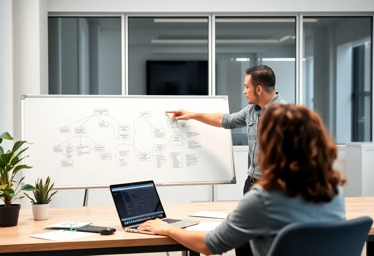 Team reviewing data model on whiteboard