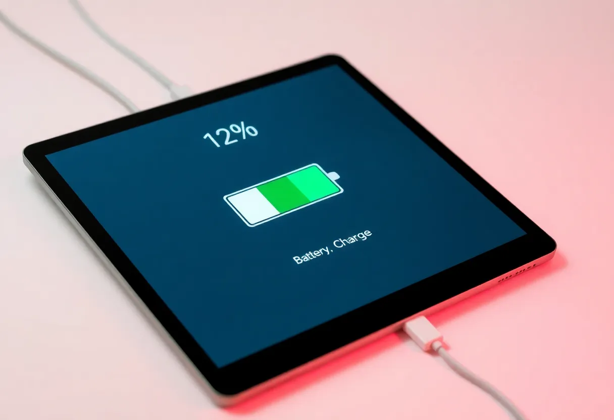 Tablet screen showing battery percentage near a charging cable, minimal UI