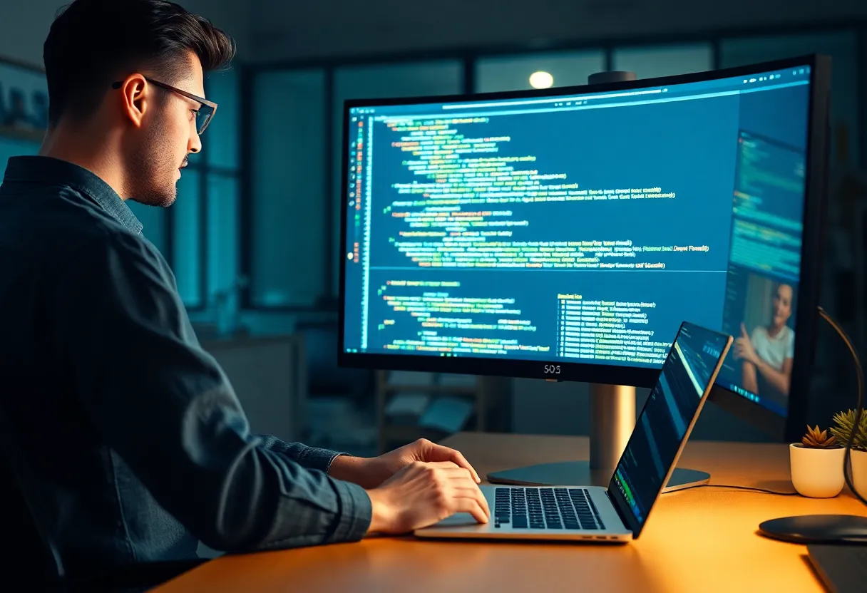 Developer inspecting structured logs on monitors