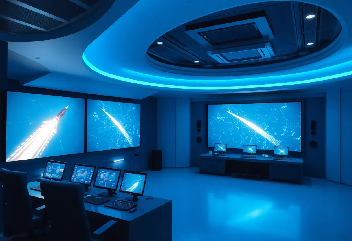 Mission control room with large trajectory displays and blue-toned lighting
