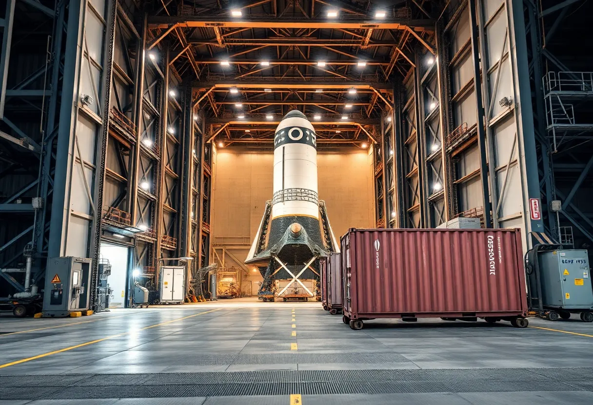 Industrial hangar scene of cargo modules being prepared near a rocket fairing