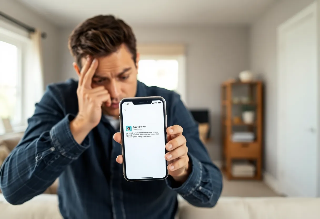 Homeowner checking a smartphone with multiple smart home alerts in a living room