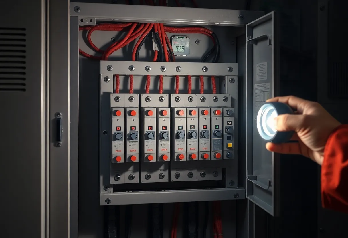 Open home electrical panel with breakers illuminated by a flashlight beam