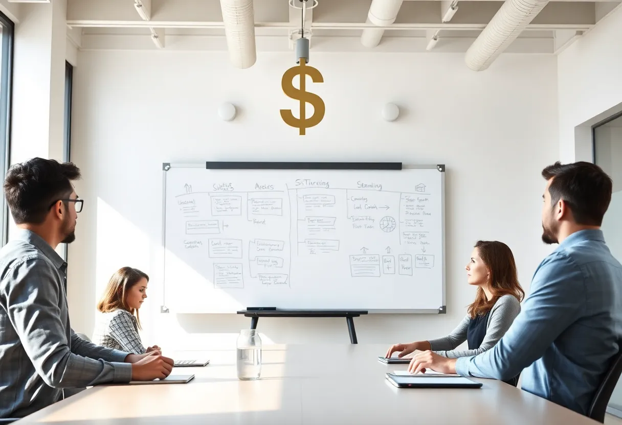 Team reviewing workflows and costs on a whiteboard in a startup office