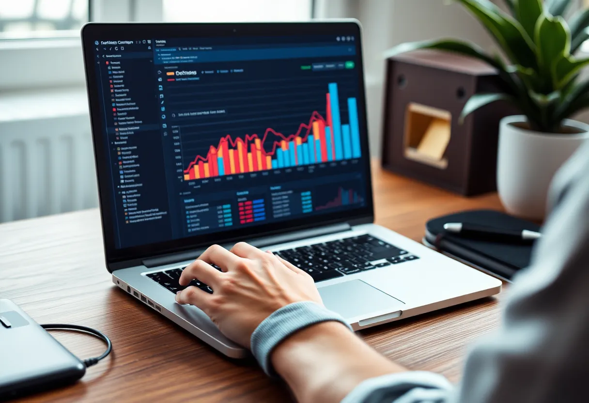 Developer working on a laptop with database performance charts on screen