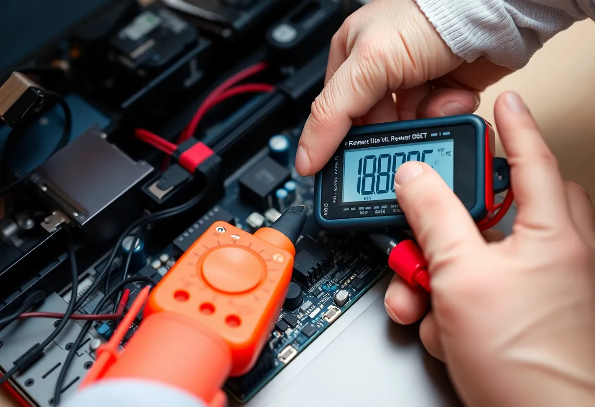 Technician probing a laptop motherboard with a digital multimeter, close-up