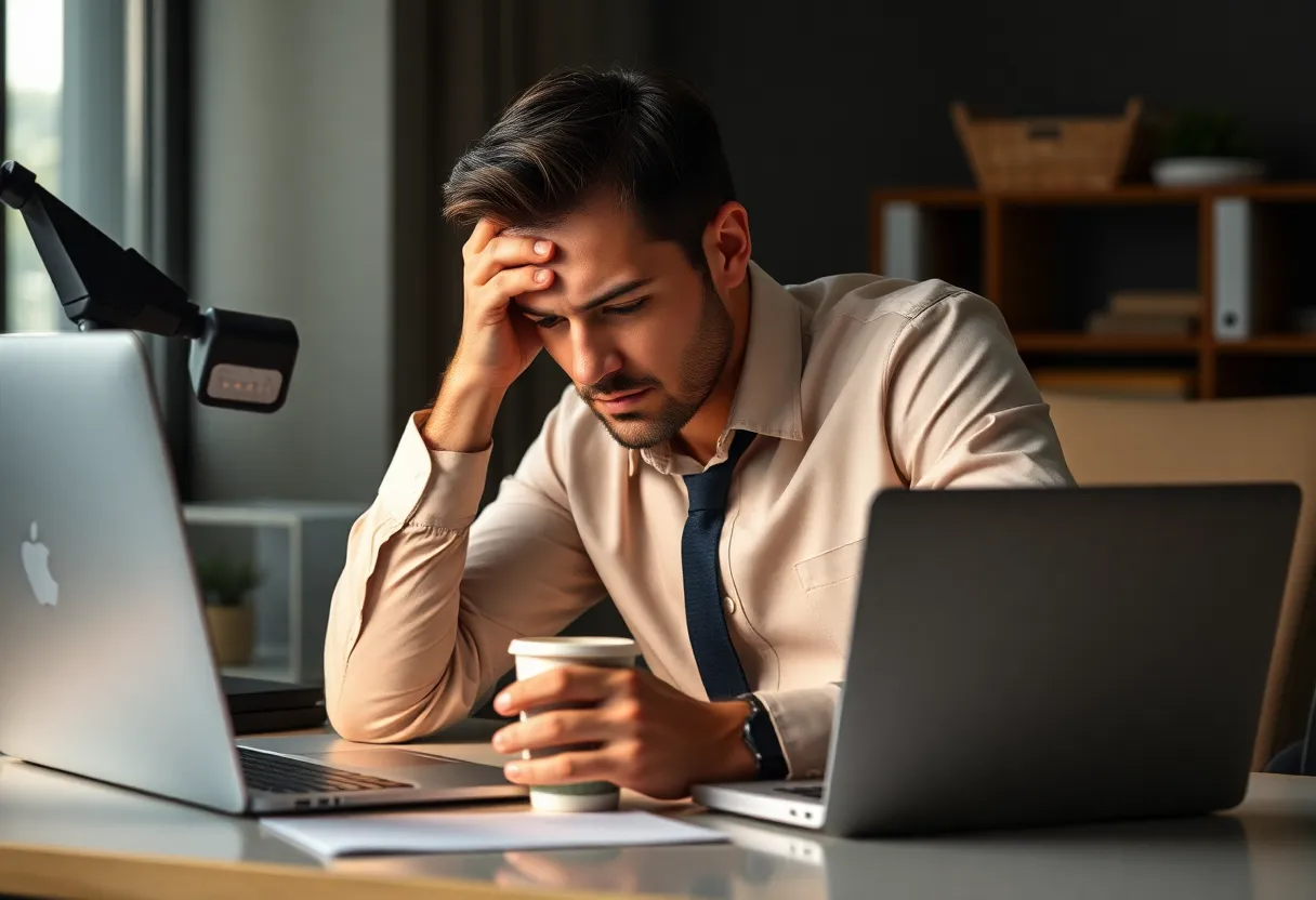 Office worker at a laptop with coffee under cool indoor lighting, suggesting stress and long work hours