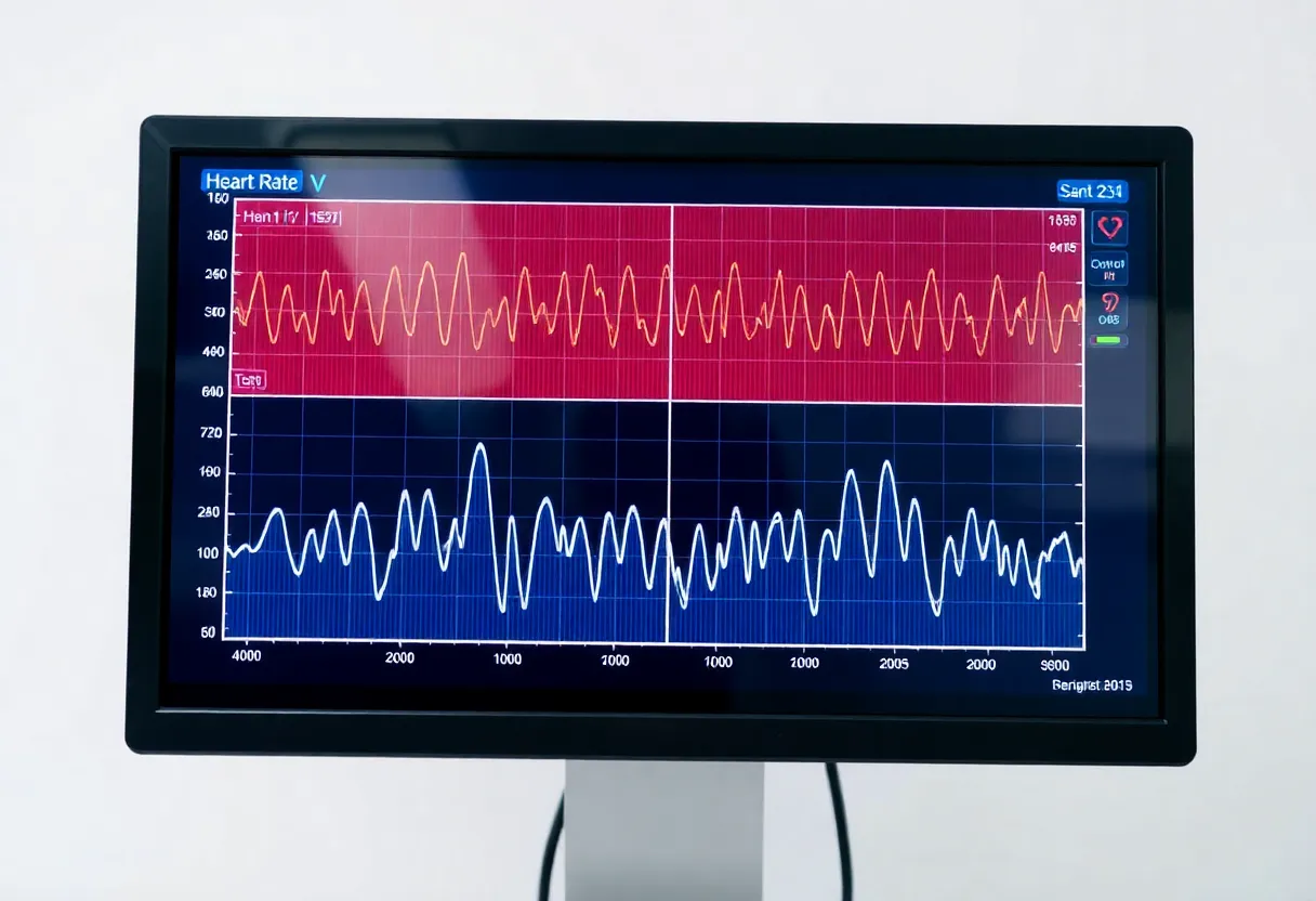 Medical-style monitor showing two contrasting heart rate variability curves