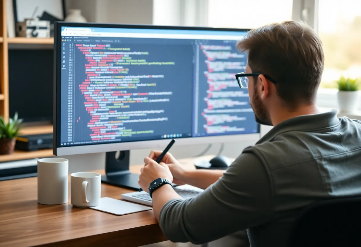 Developer working on a JSON schema on a desktop monitor with coffee nearby
