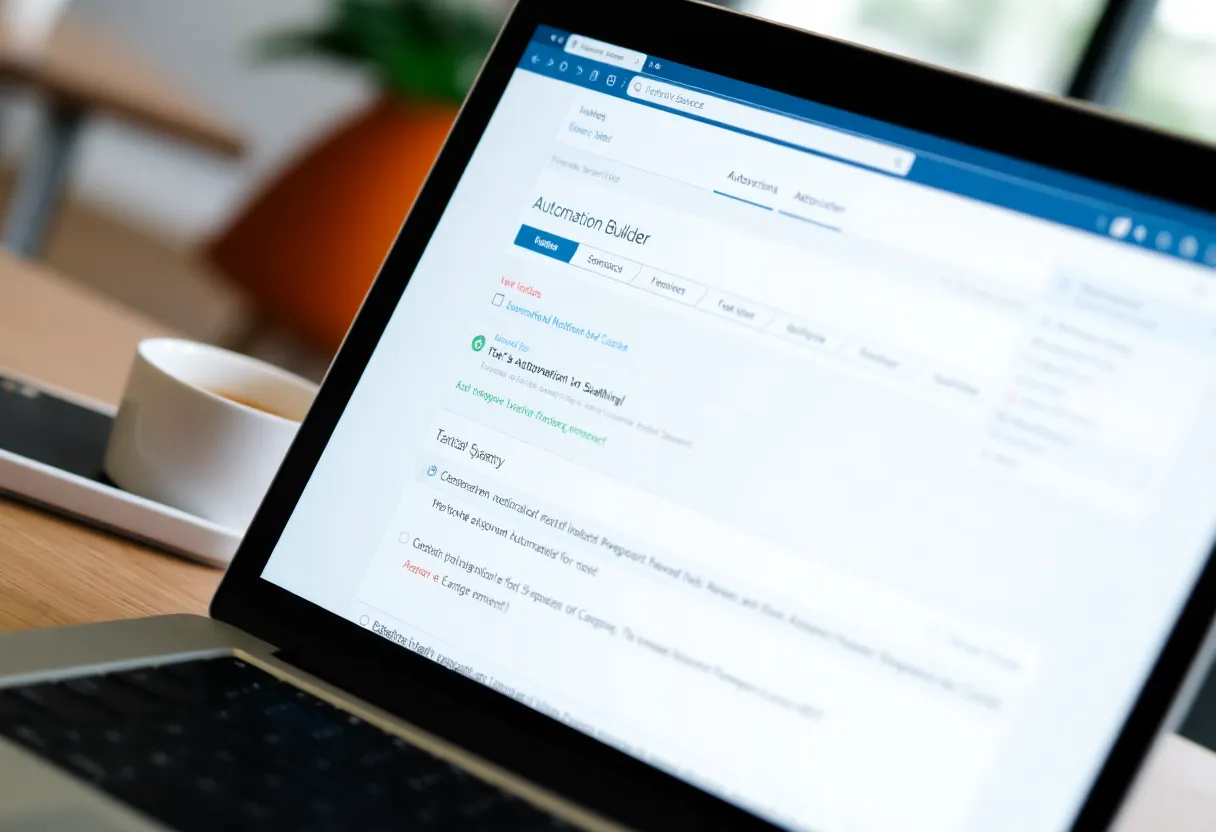 Laptop screen showing a visual automation builder with branching paths and logs
