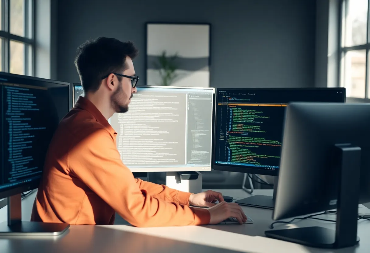 Developer reviewing logs and webhook payloads on multiple monitors