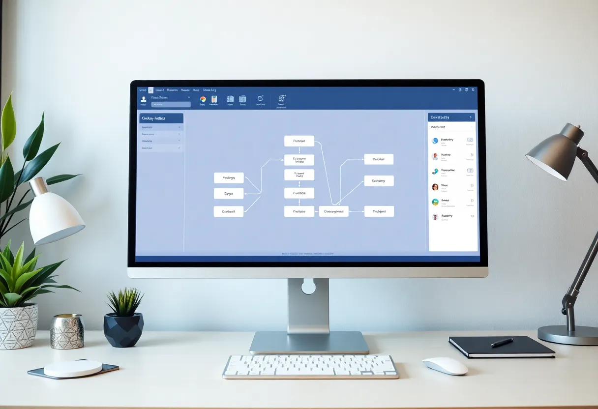 Monitor showing a visual workflow builder with connected automation blocks