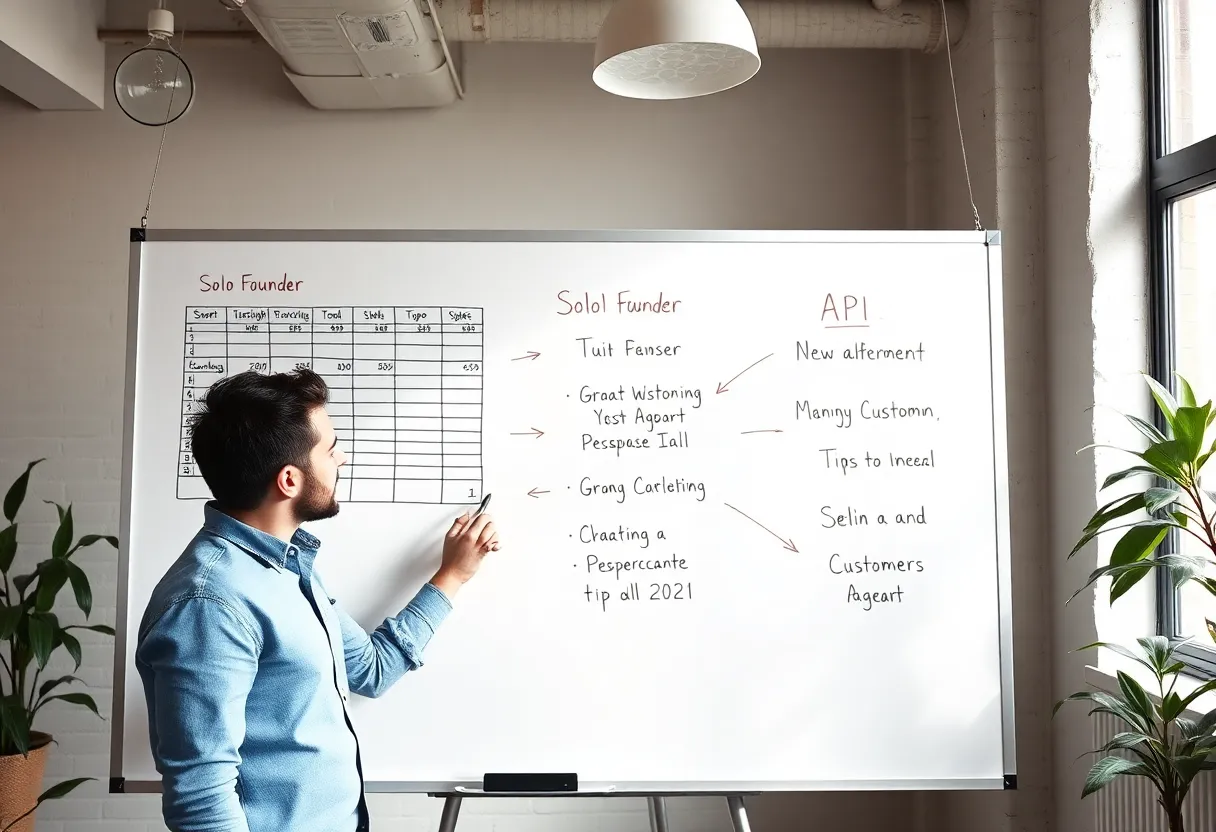 Whiteboard sketch connecting data sources to customers in a small office