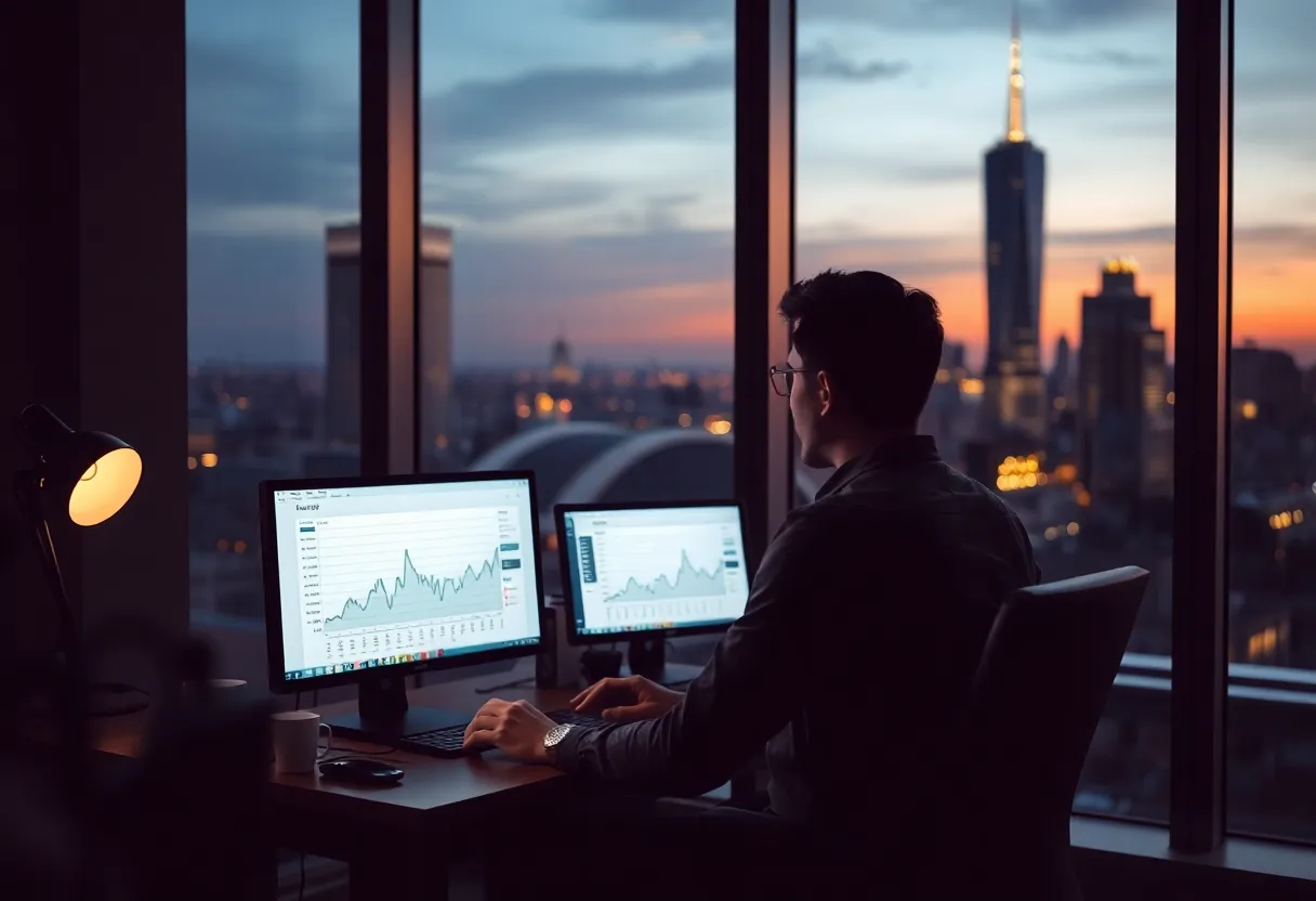 Solo founder working late at a desk with monitors showing API traffic