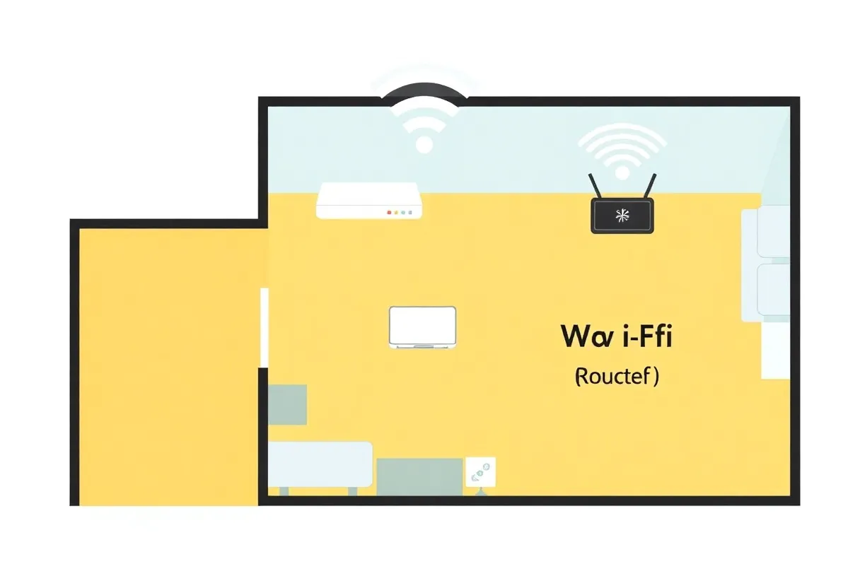 Illustration comparing weak corner placement versus central router position in a home layout