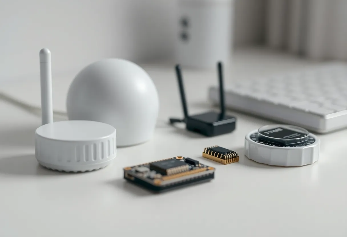 Small smart home sensors and wireless modules suggesting Thread and Zigbee devices