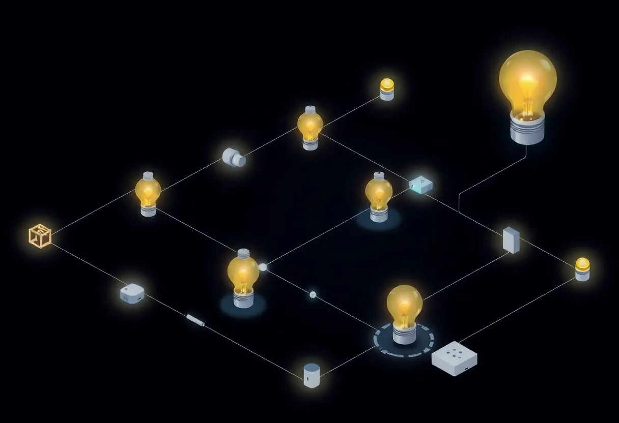 Isometric illustration of a smart home mesh network with connected sensors
