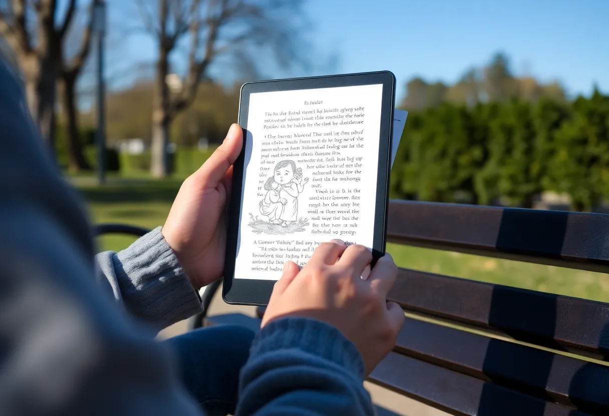 Reader outside with illustrated book on e-reader, park setting