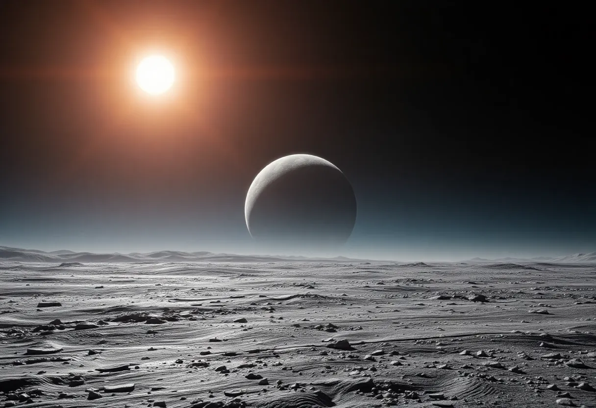 Lunar horizon with Earth in sky, dramatic lighting