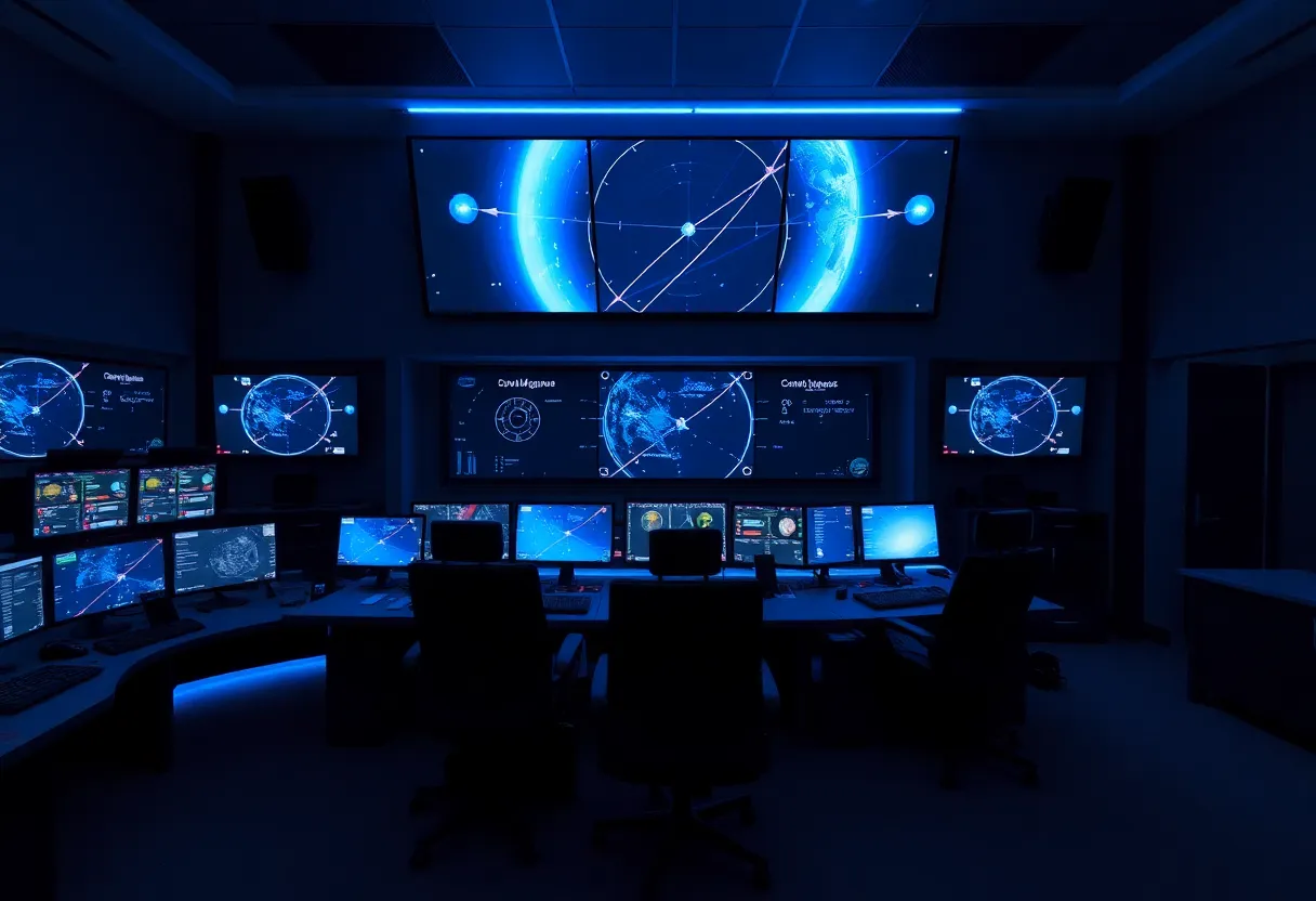 Mission control room with data screens and soft blue lighting