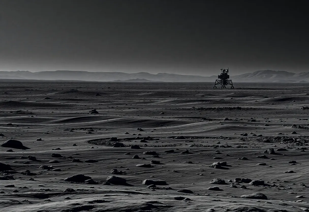 Lunar south pole landscape with long shadows and a distant lander