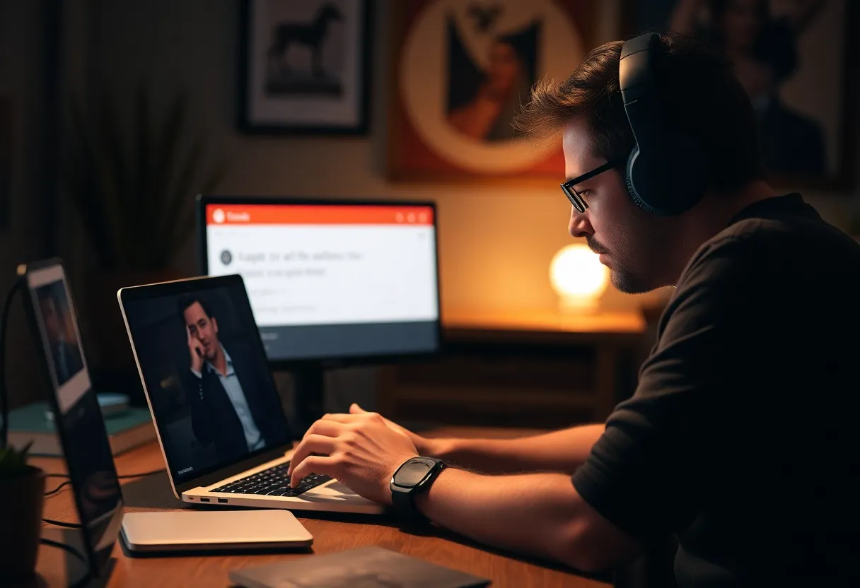 Solo founder at laptop with a busy support ticket queue on screen