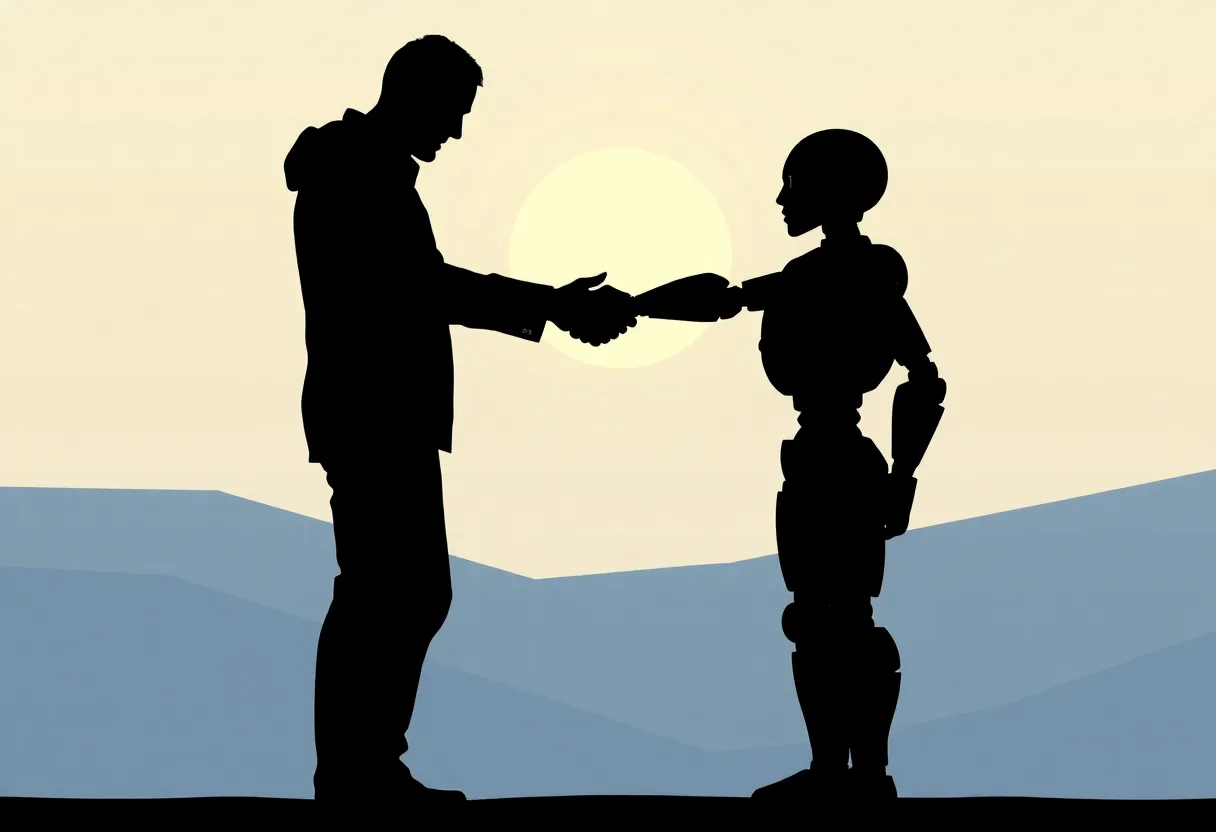 Minimal illustration of human and AI figures collaborating