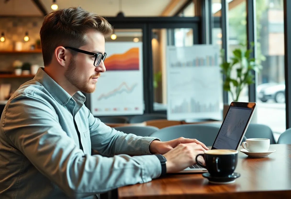 Founder reviewing churn analytics on a laptop in a cafe