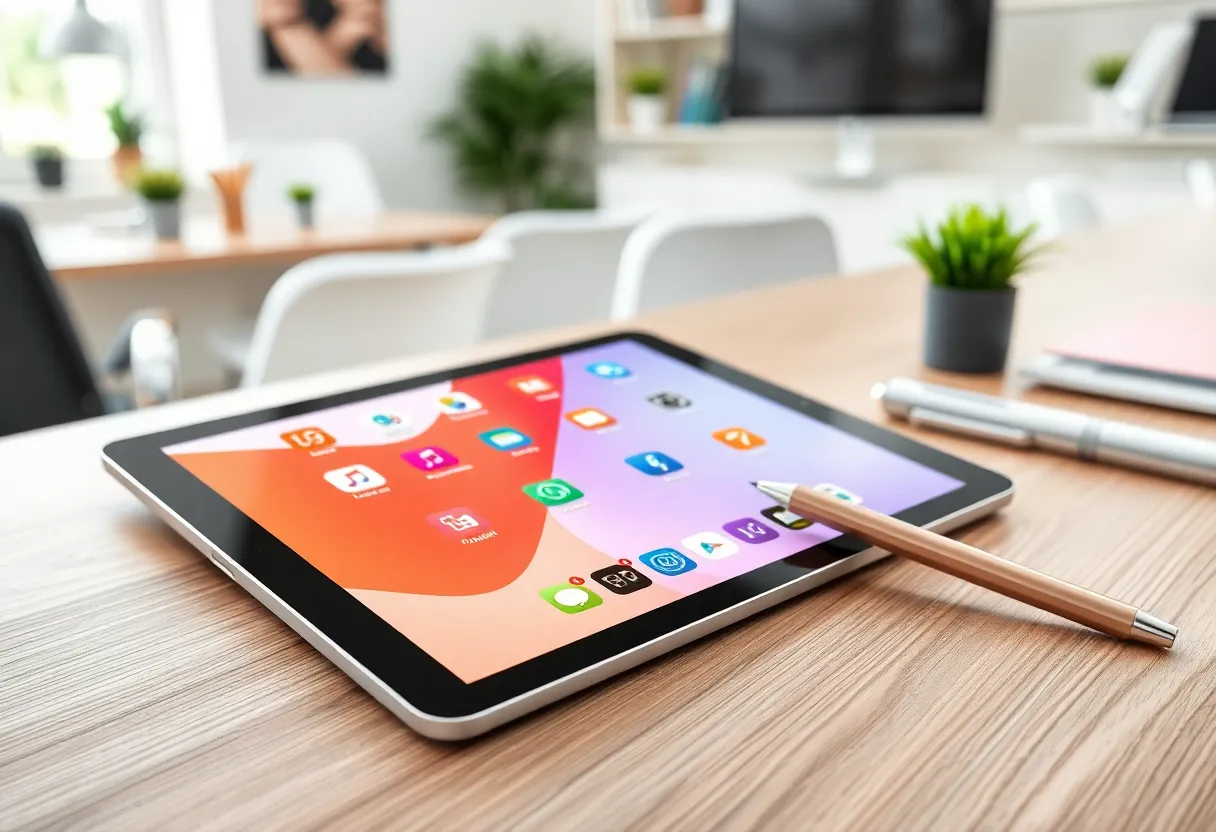 Tablet with colorful apps and stylus on a creative workspace desk