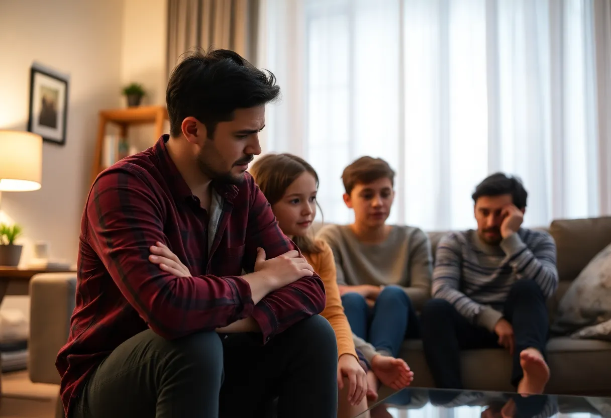 Family in a living room looking at smart lights that are not responding
