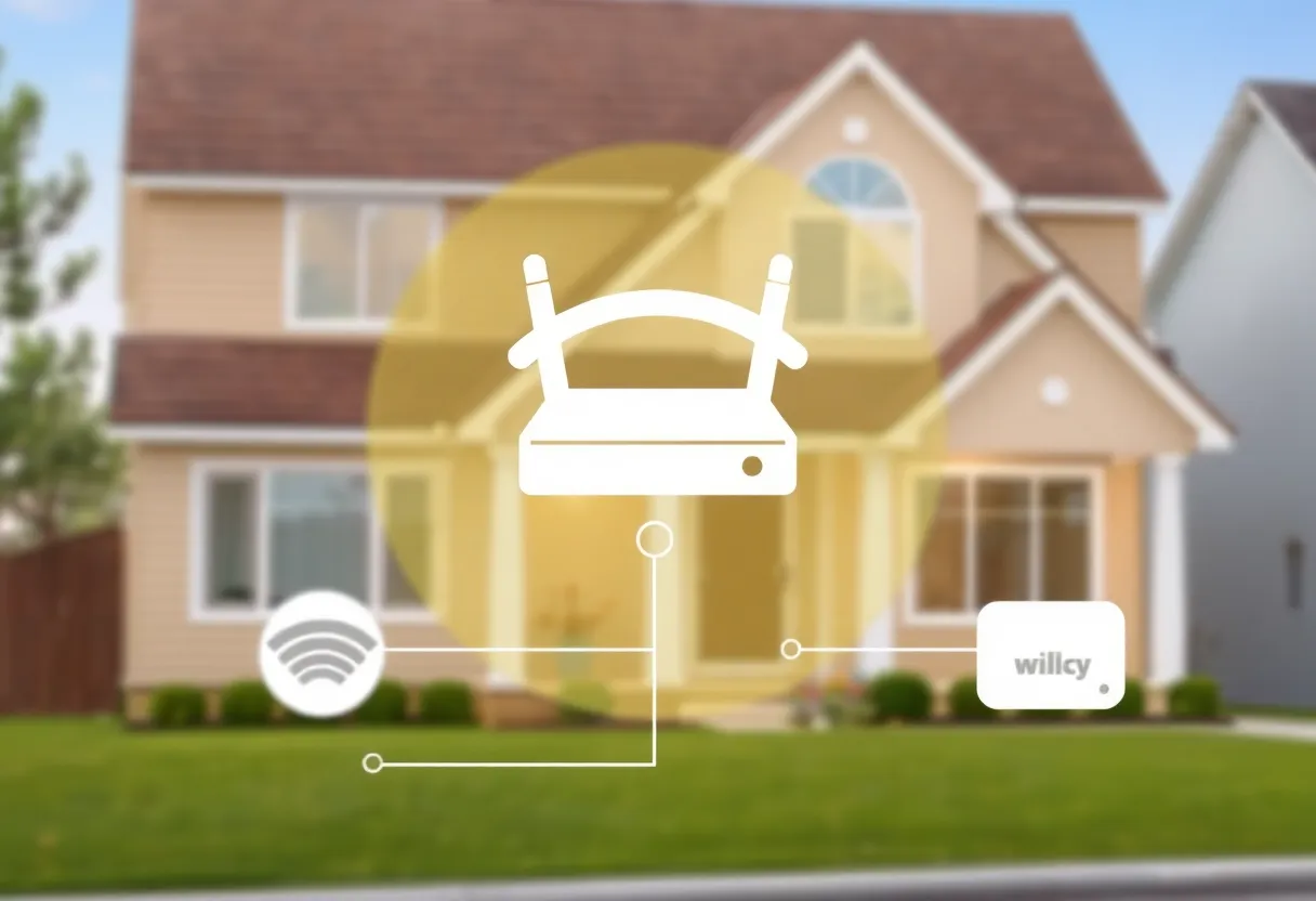Diagram style suburban home with wireless router overlay