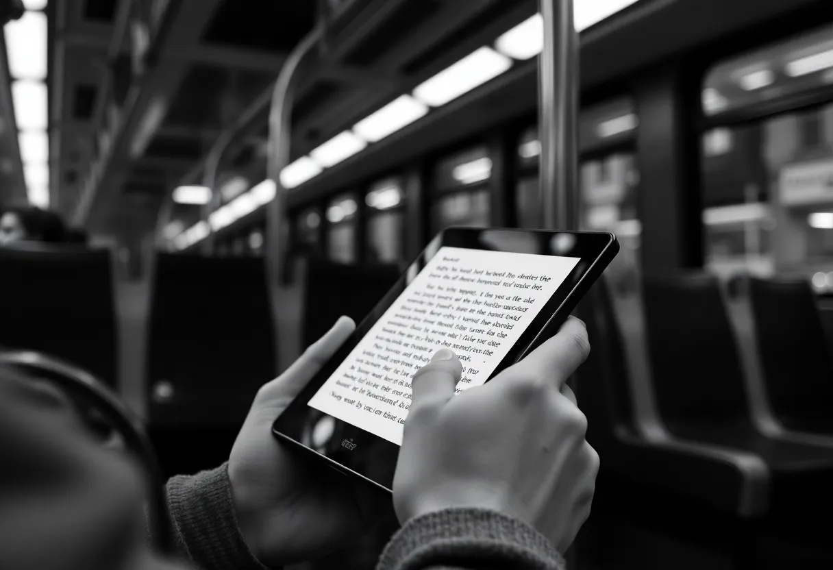 Person reading an e-ink device on public transit, close-up of hands
