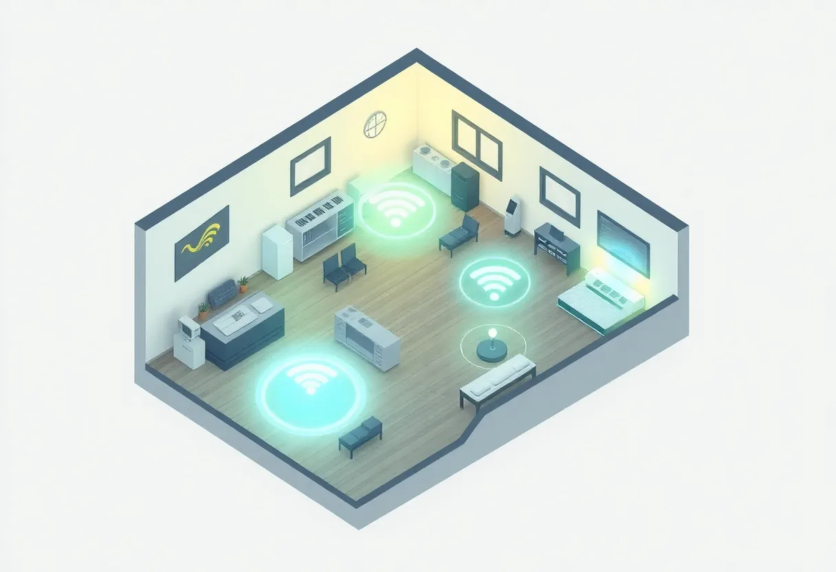 Illustration of a home floor plan with Wi-Fi coverage zones