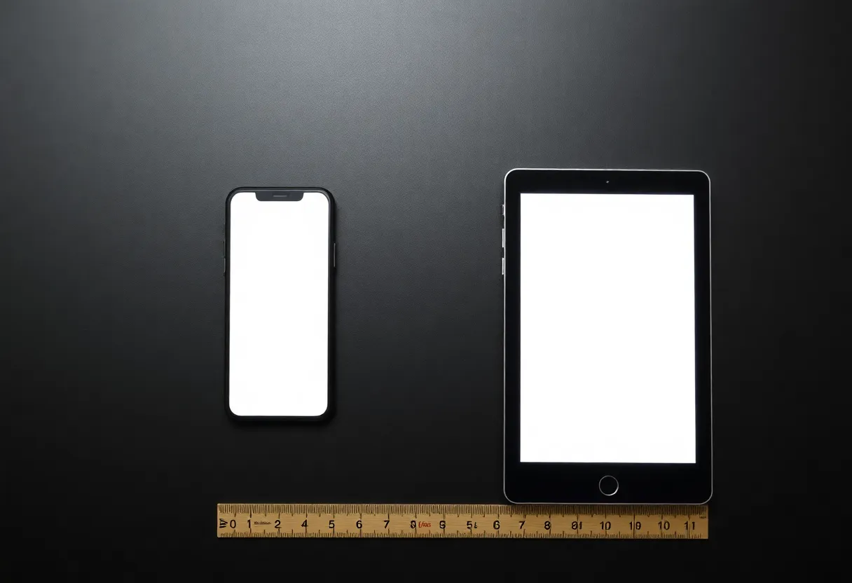 Top-down size comparison of smartphone and e-ink pocket device on a desk